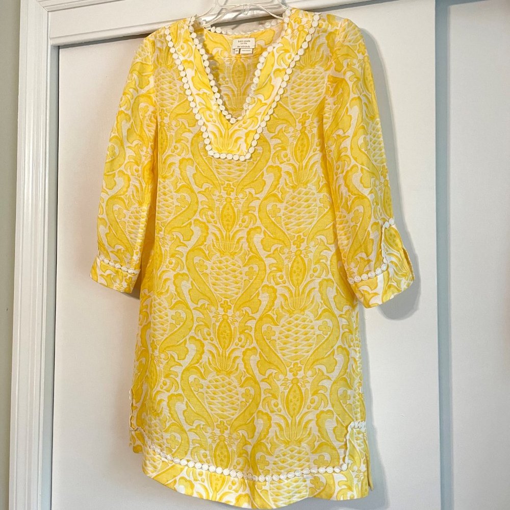 kate spade Yellow Medallion White Trim Linen/Silk V Neck Tunic Swim Coverup XS